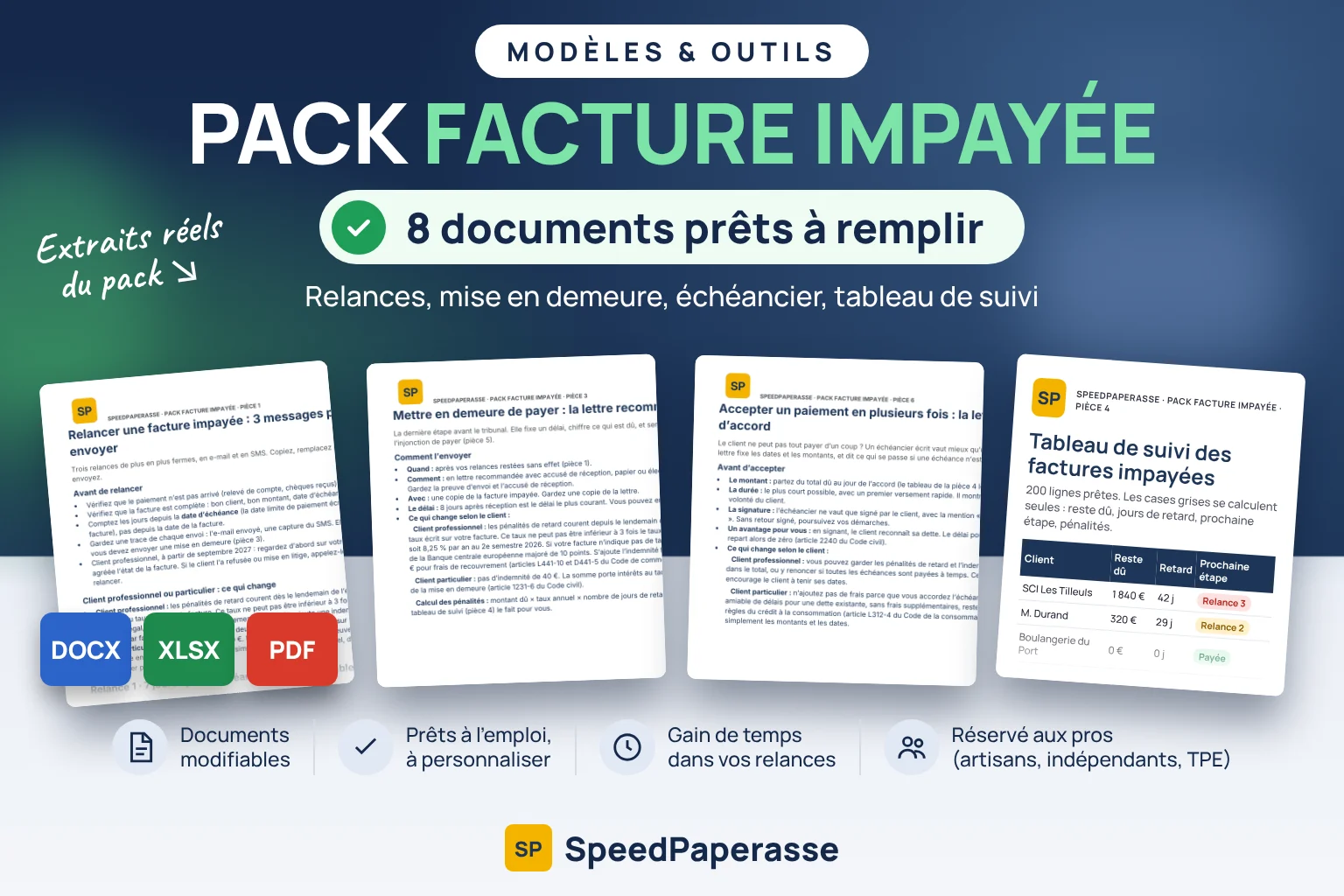 Le pack facture impayée : extraits réels des documents (relances, mise en demeure, échéancier, tableau de suivi), en Word, Excel et PDF