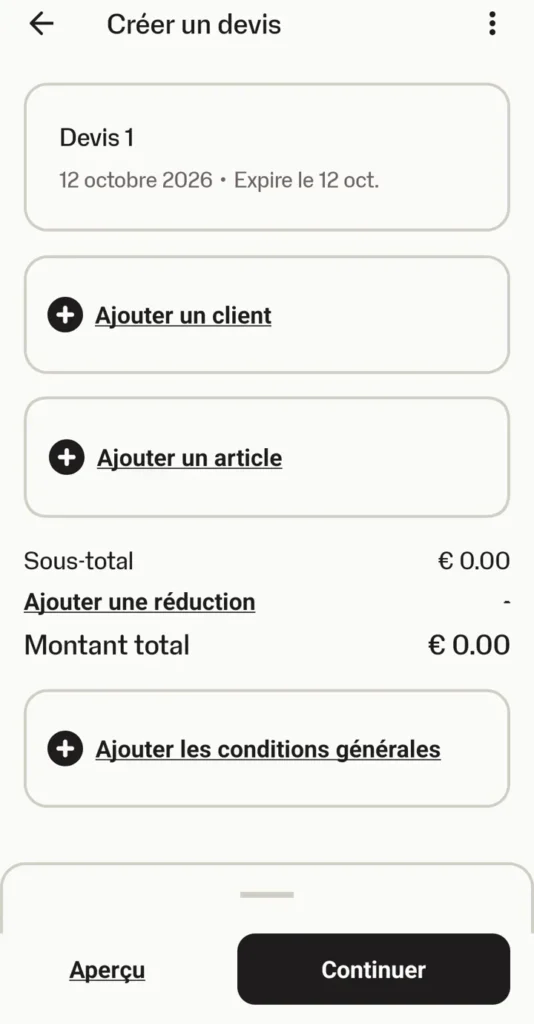 Application SumUp : création d'un devis avec client, articles et conditions générales
