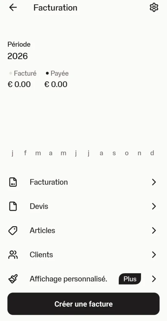 Application SumUp : tableau de bord Facturation avec factures, devis, articles et clients