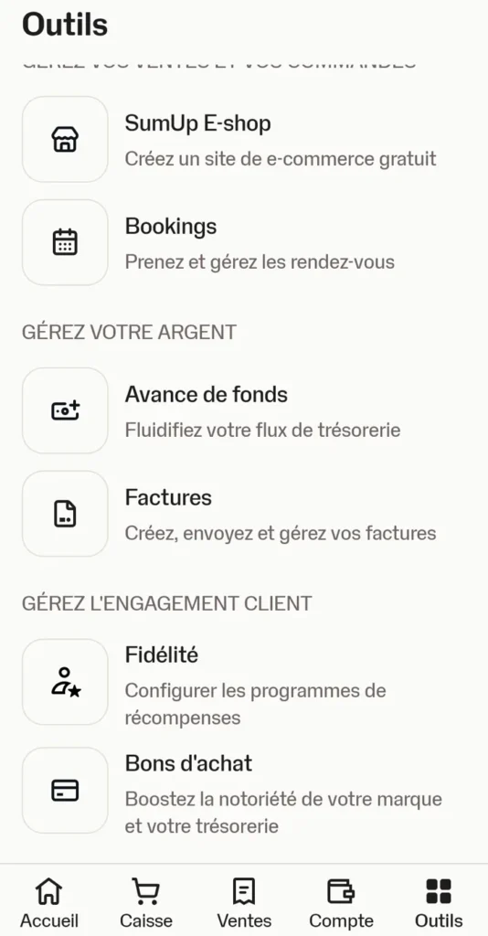 Application SumUp : menu Outils avec les rubriques E-shop, Bookings, Factures et Fidélité