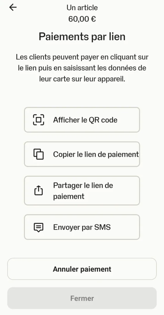 Application SumUp : paiement par lien avec QR code, copie du lien, partage ou SMS