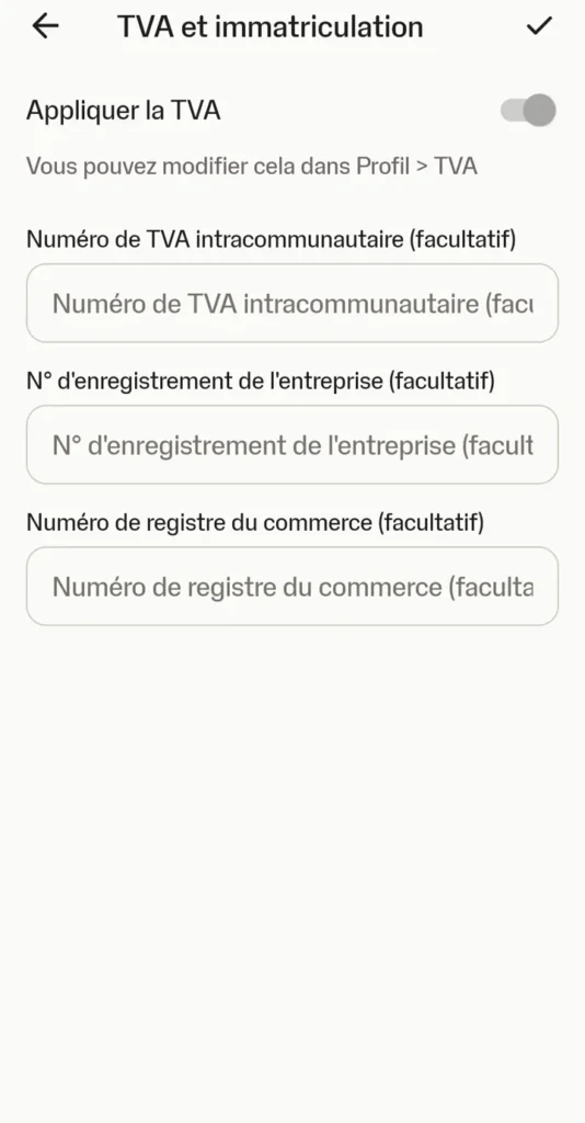 Application SumUp : réglages TVA et immatriculation, champs marqués facultatifs